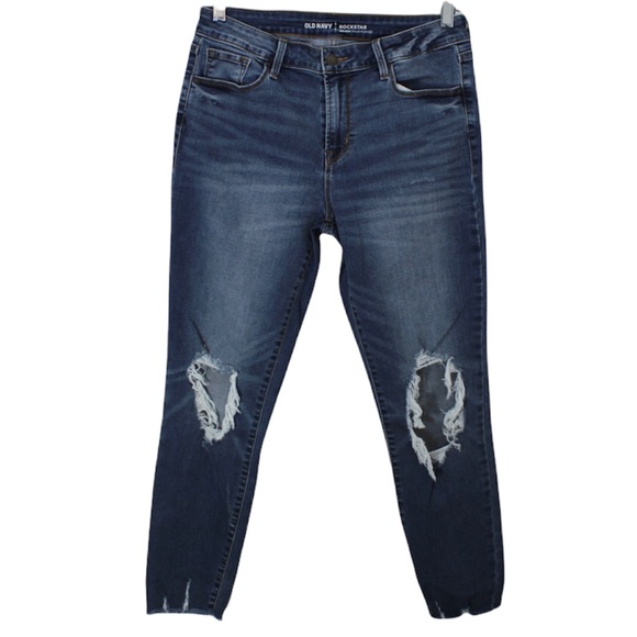 OLD NAVY Rockstar Mid-Rise Distressed Raw Hem Jeans Stretch Denim Knee Holes 8 - Picture 1 of 12